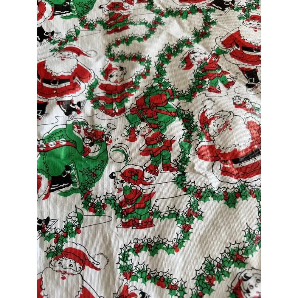 Vintage 37” Christmas Tree Skirt/Sm Tablecloth Santa Pattern Plastic Flannel